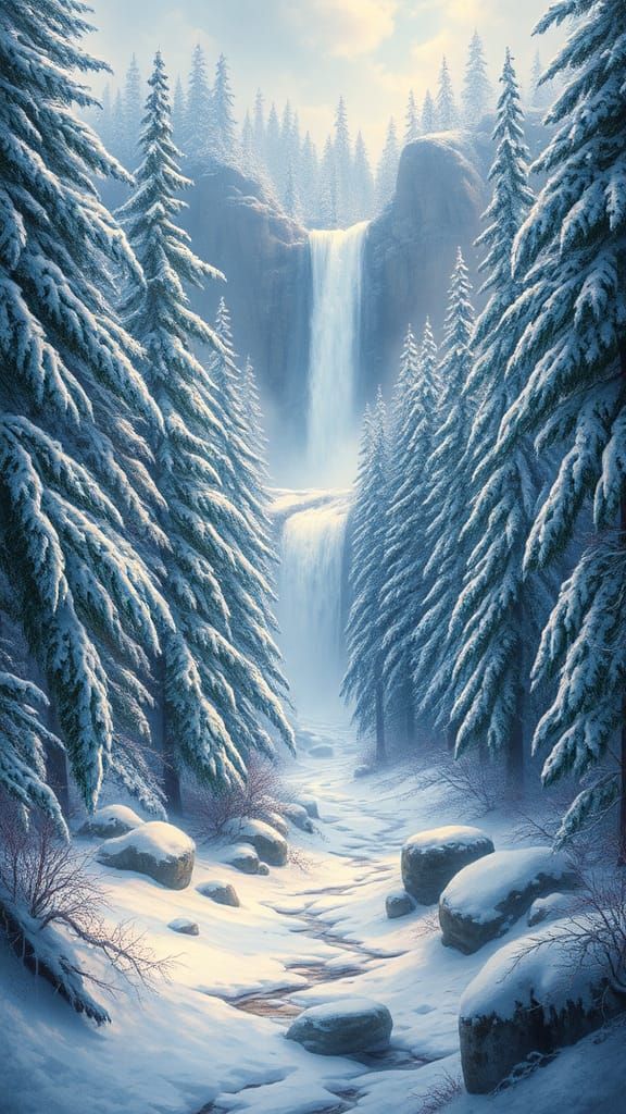 Breathtaking Winter Wonderland with Majestic Waterfall