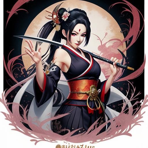 Cheerful Geisha Wields Katana in Vibrant Fantasy Landscape
