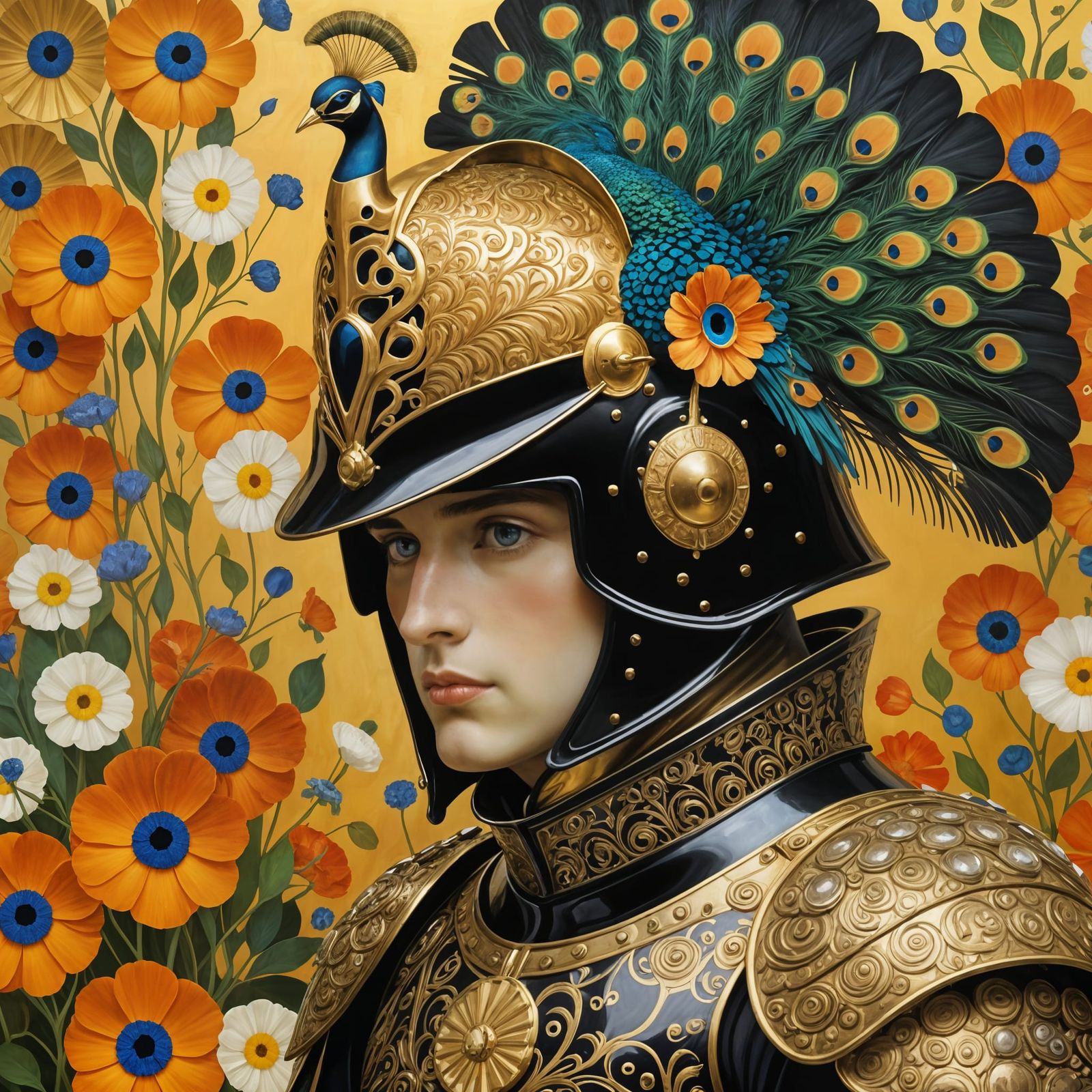 Peacock Knight in Gold, Klimt-Inspired Artwork