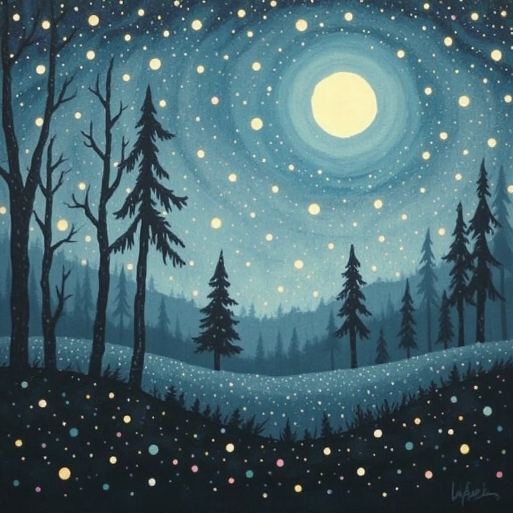 Whimsical Moonlit Forest Landscape in Pointillist Style