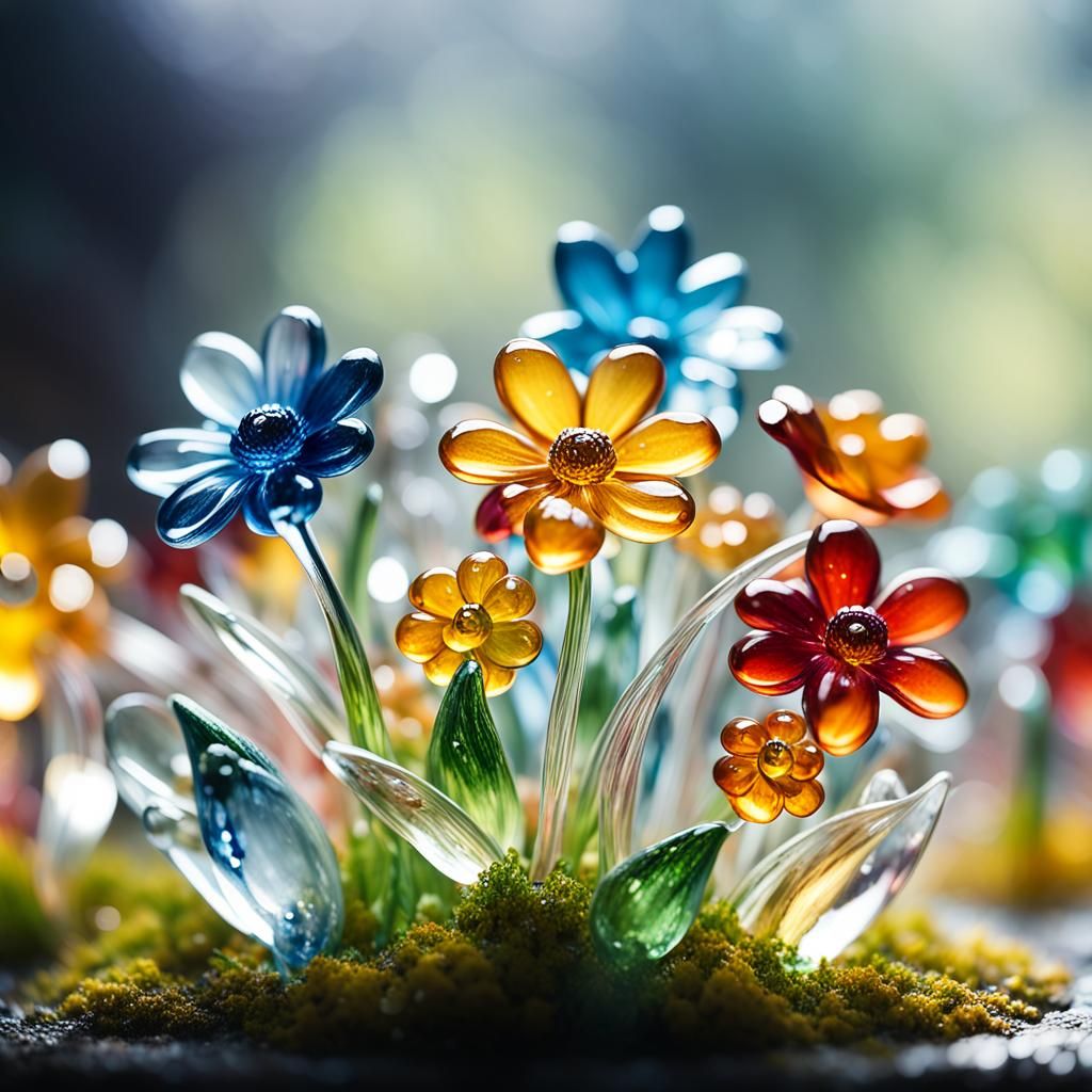 Hyper-Realistic Glass Flowers in Ethereal Light