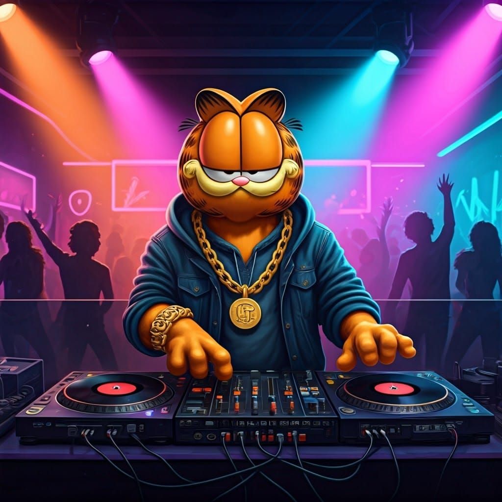 Hip Hop Cat Spins in Neon Dance Club