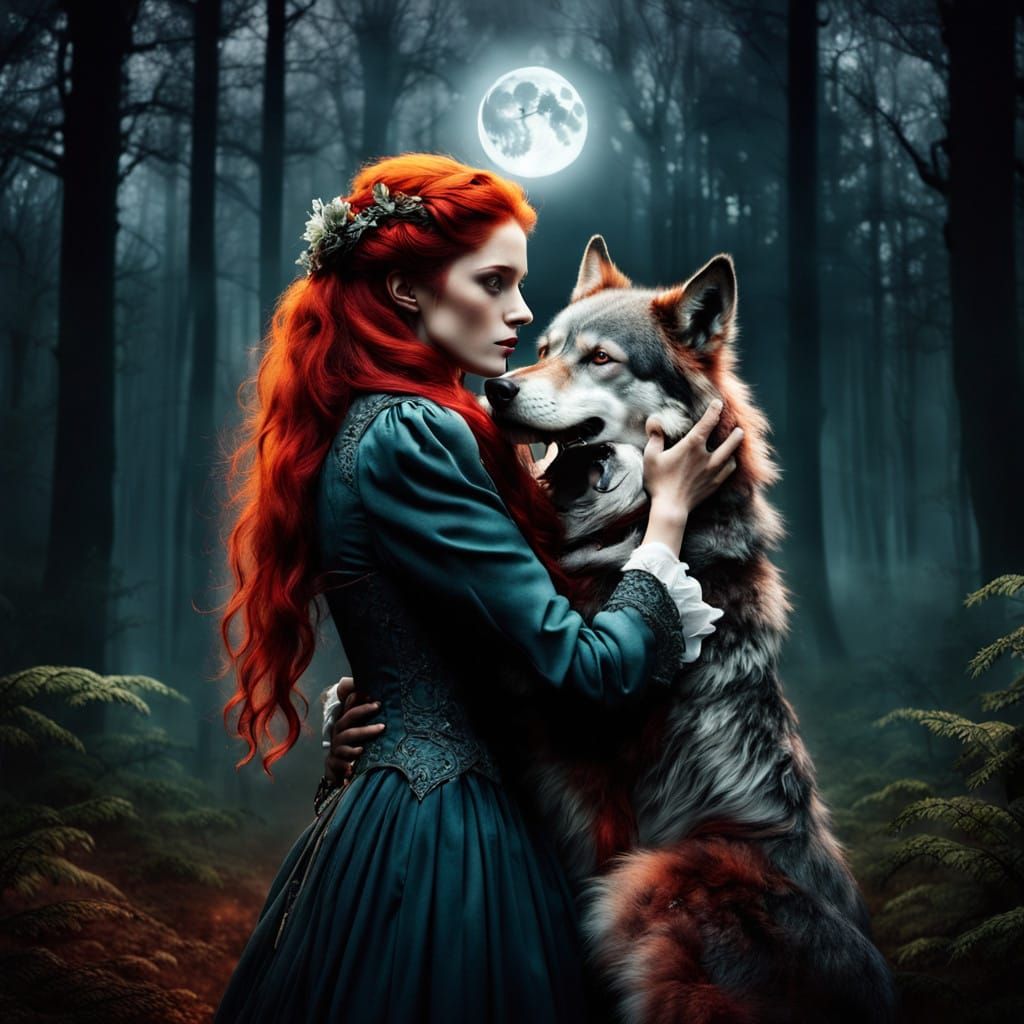 Victorian Lady Embracing Werewolf Under Full Moonlight