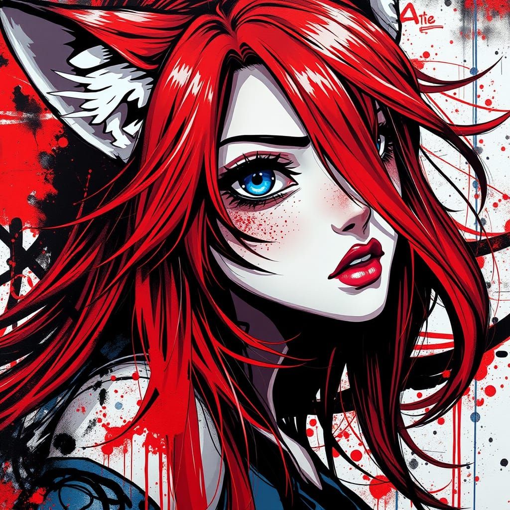 Cyberpunk Anime Goddess with Vivid Red Hair and Intense Blue...
