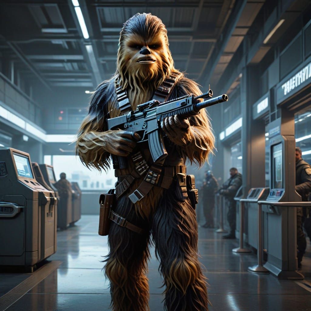 Chewbacca at Cyberpunk Airport Security