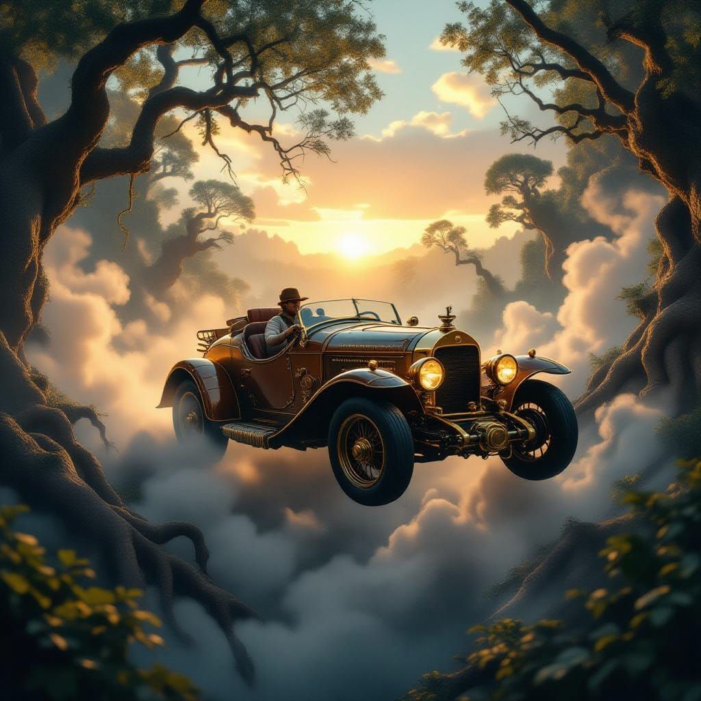 Epic Steam-Powered Flying Car in Ancient Forest