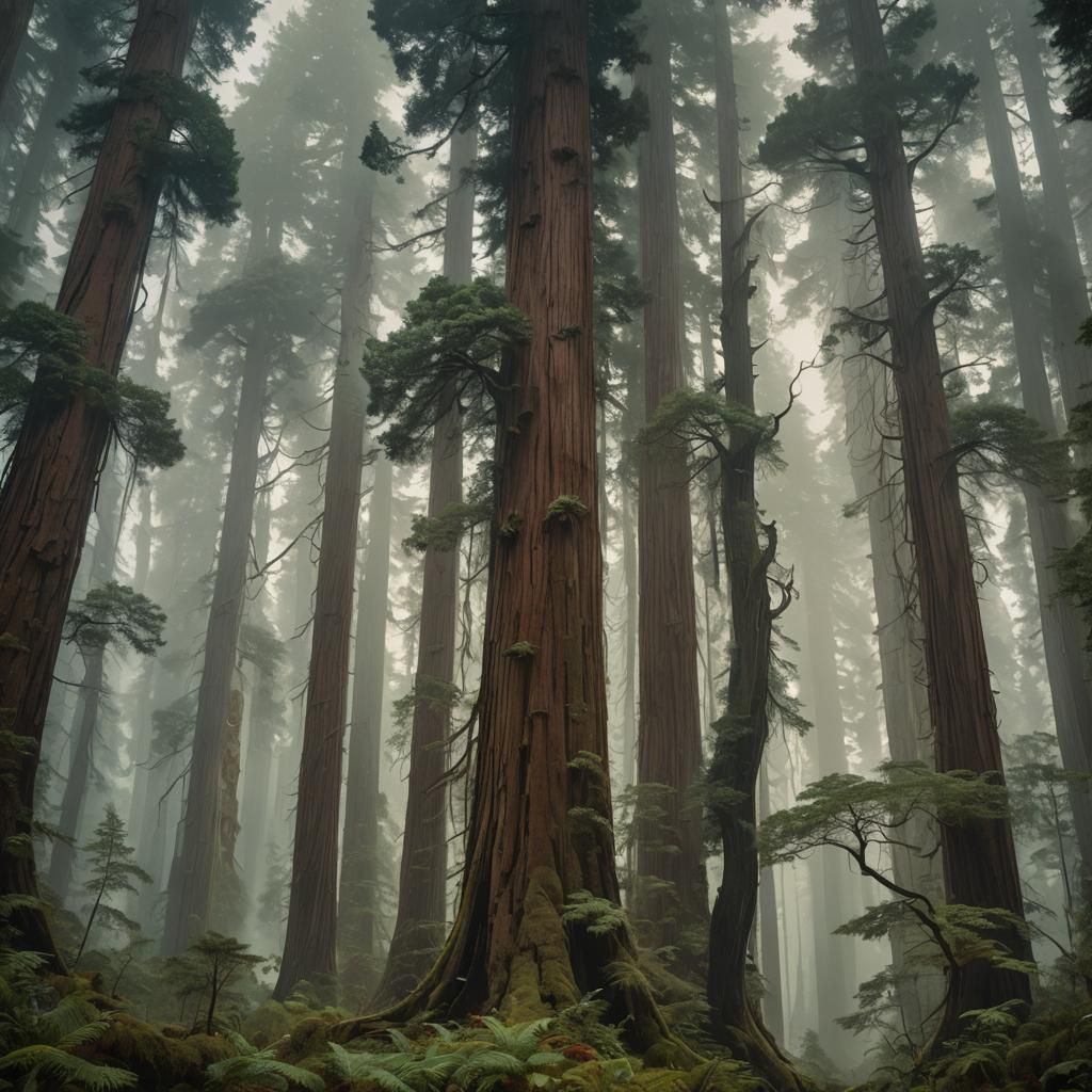Ancient Redwoods in Ethereal Landscape