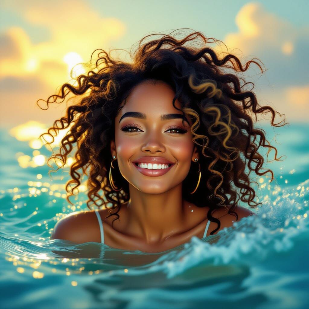 Woman with River Hair in Vibrant Photorealistic Style