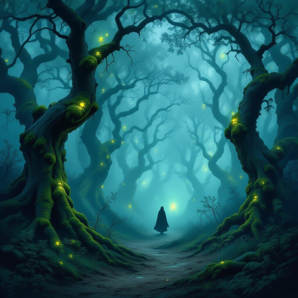 Ethereal Forest Path with Glowing Moss and Spectral Lights