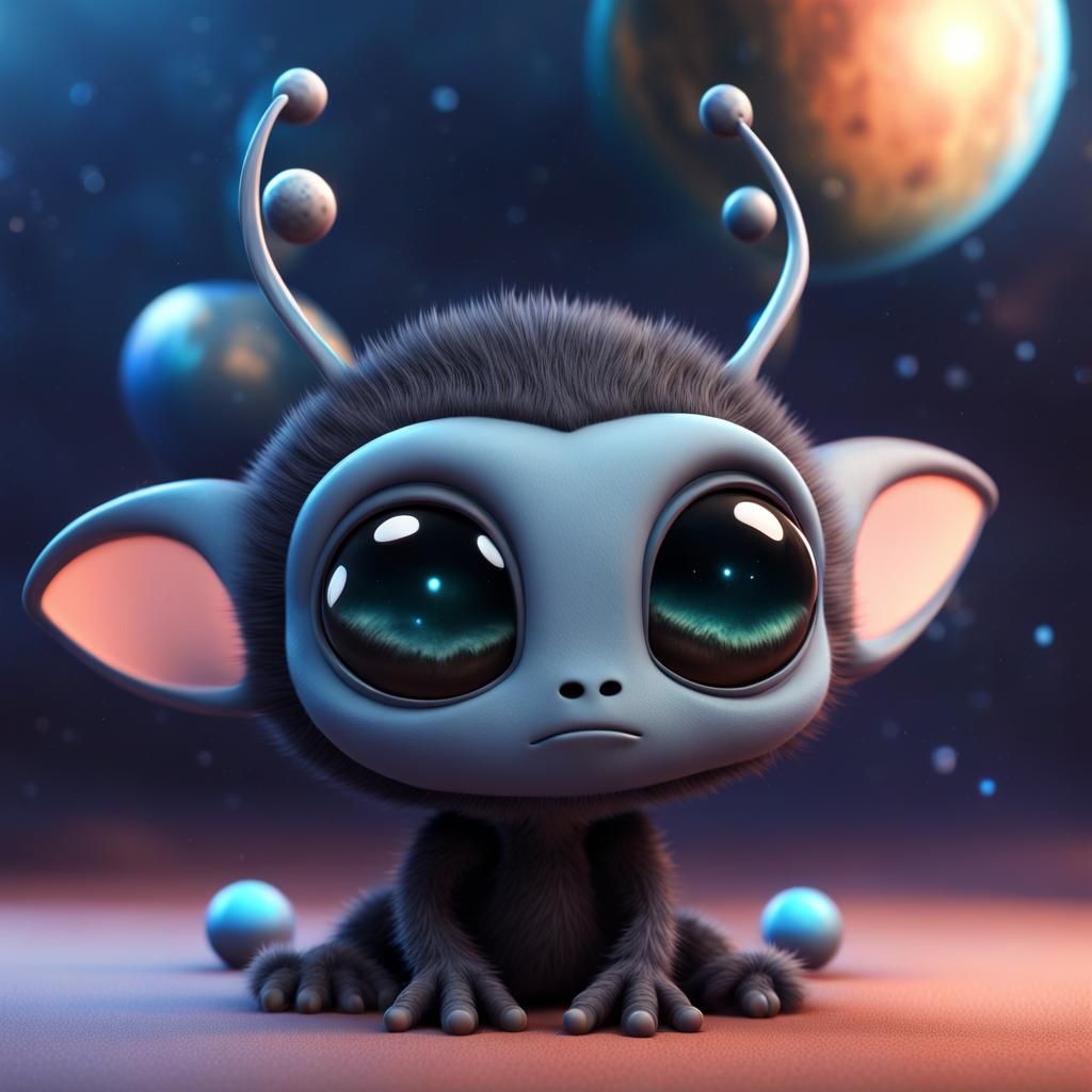 Whimsical Black Alien with Shy Expression in Celestial Backg...