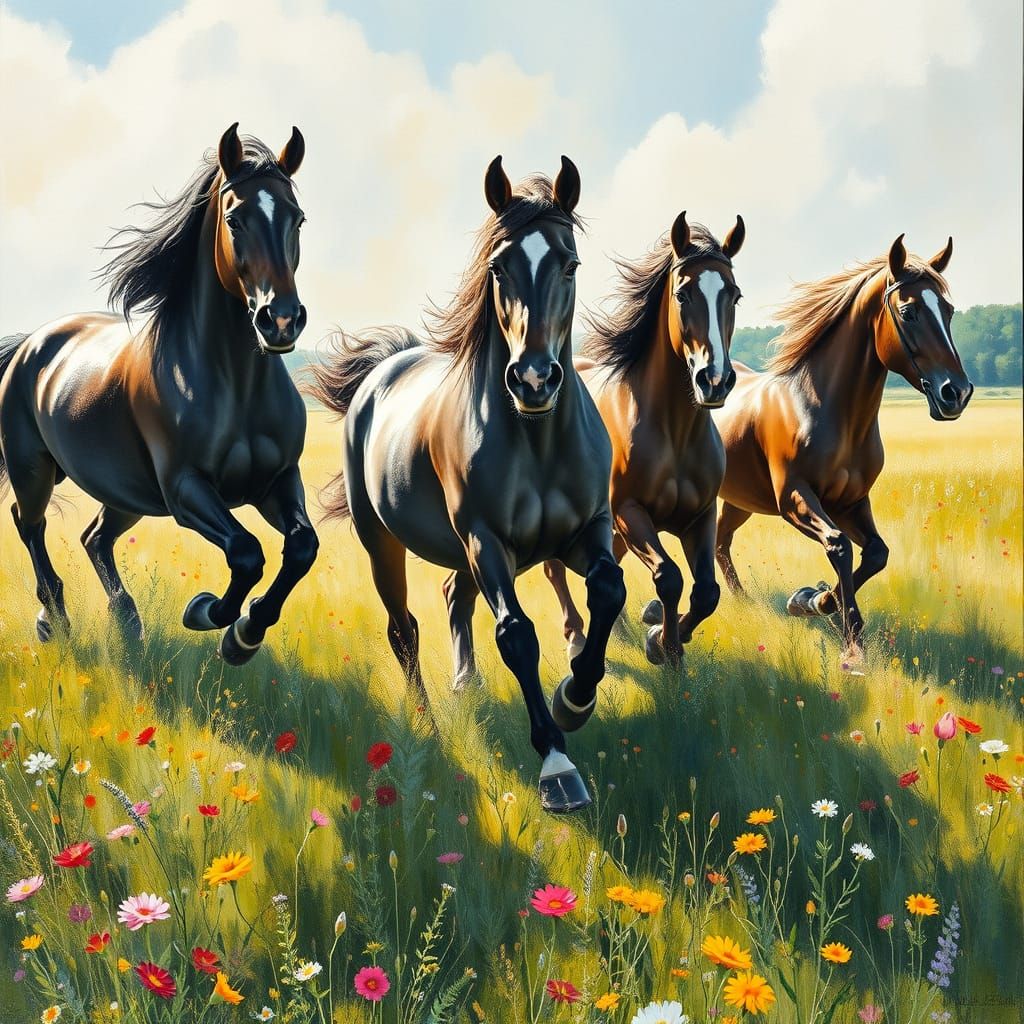 Galloping Horses in a Sun-Kissed Meadow, in Impressionist Go...