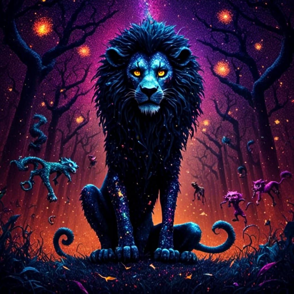 Surreal Glittery Lion King in Dark Fantasy Style