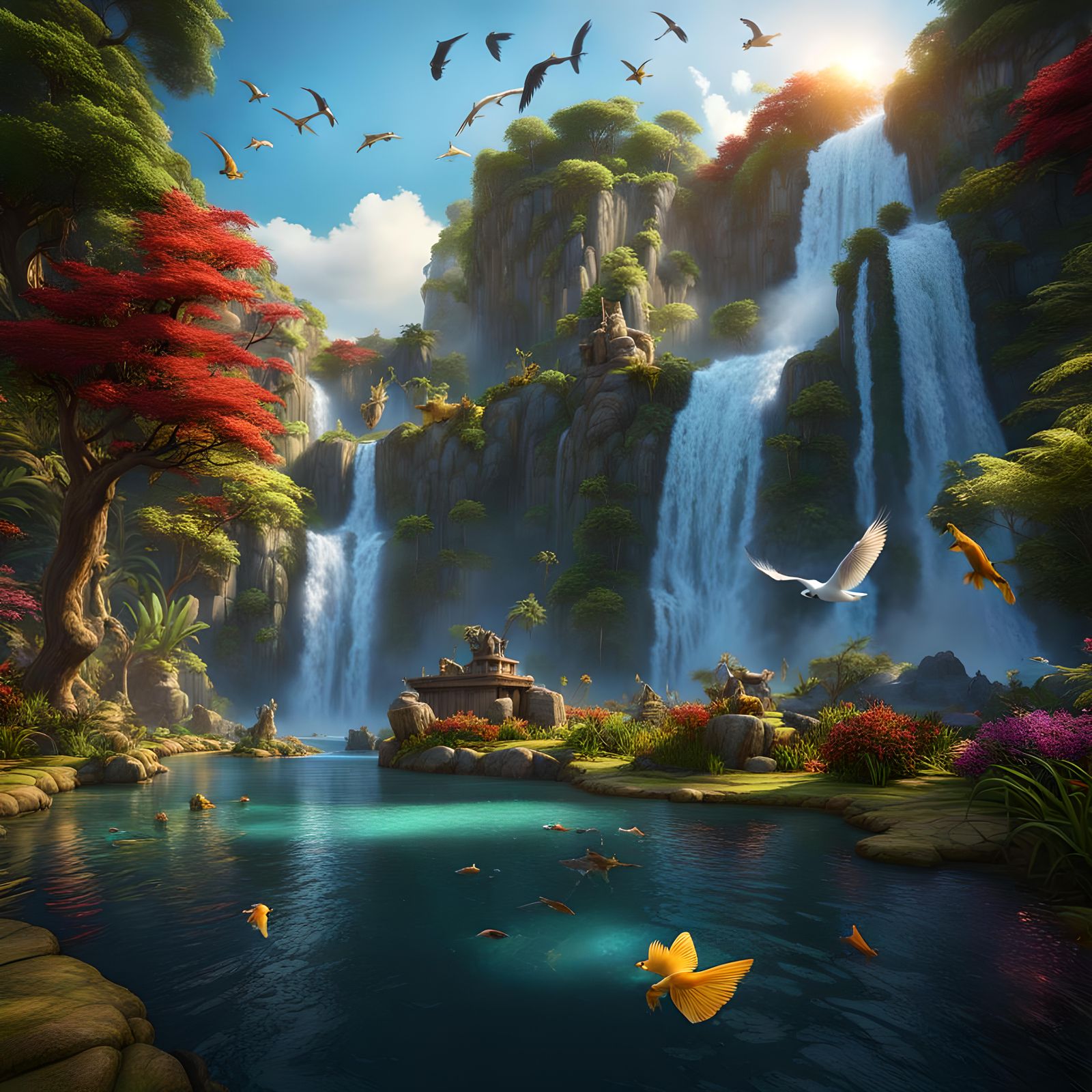 Fantastical Waterfall Scene with Lion, Fishes, and Birds