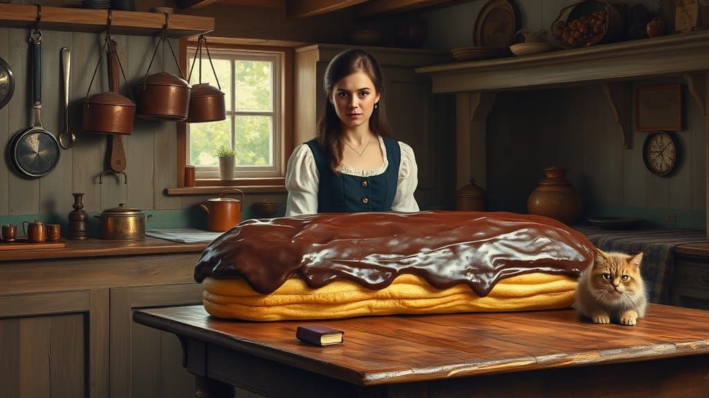 Georgian Woman in Farmhouse Kitchen with Giant Eclair, Oil P...