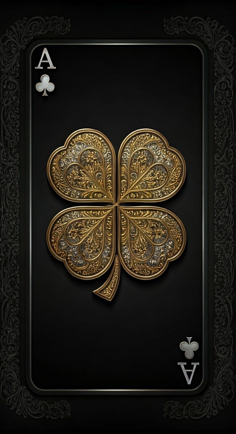 Metallic Ace Playing Card with Intricate Four Leaf Clover De...