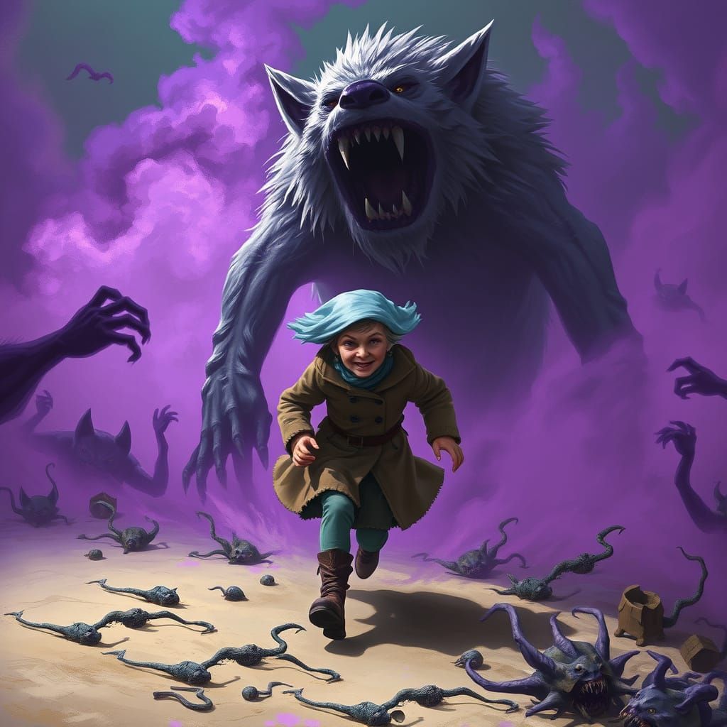 Granny's Escape: Wolf Monster in Dark Fantasy Scene