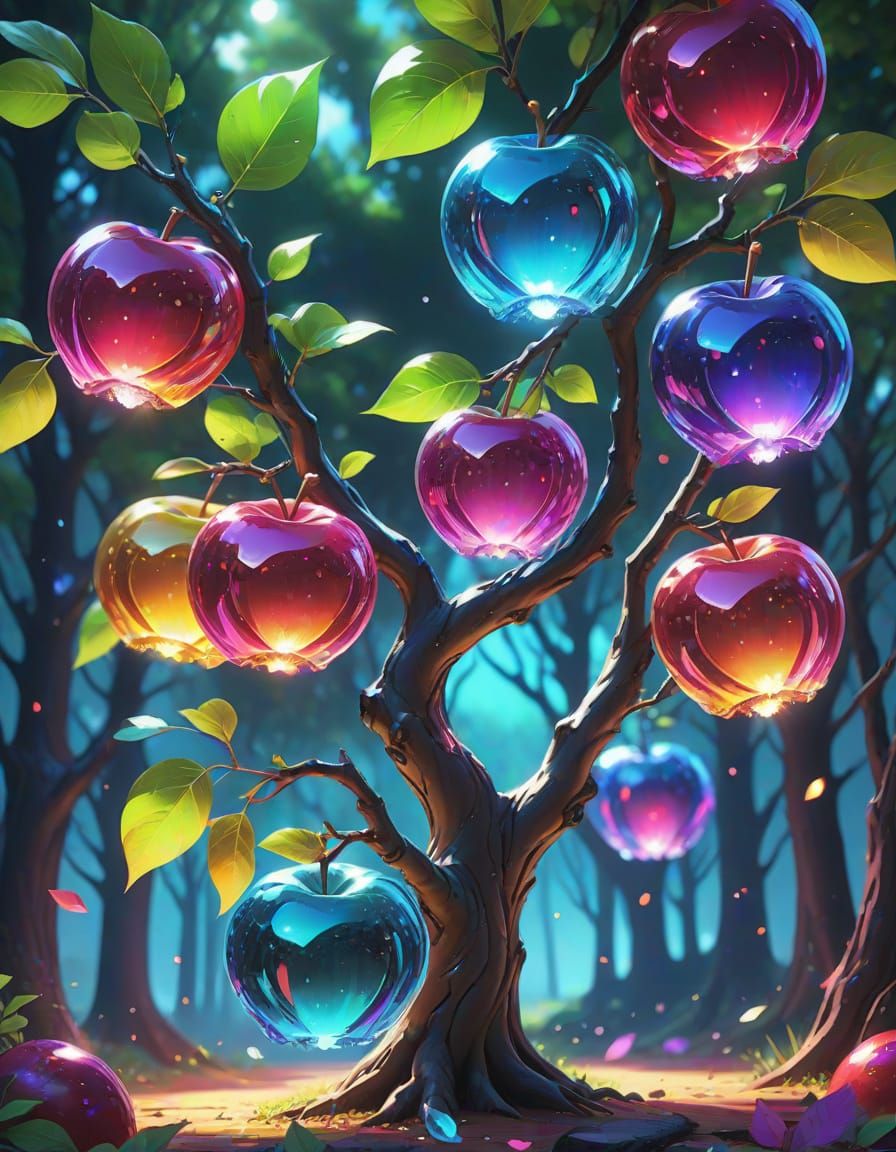 Vibrant Crystal Apples Blossom from a Healthy Tree in Anime-...