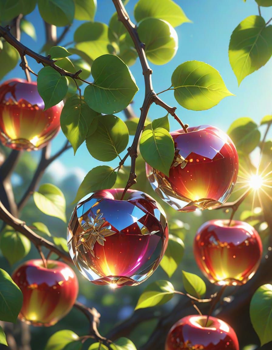 Surreal Crystal Apples Bloom on a Verdant Tree in Anime-Insp...