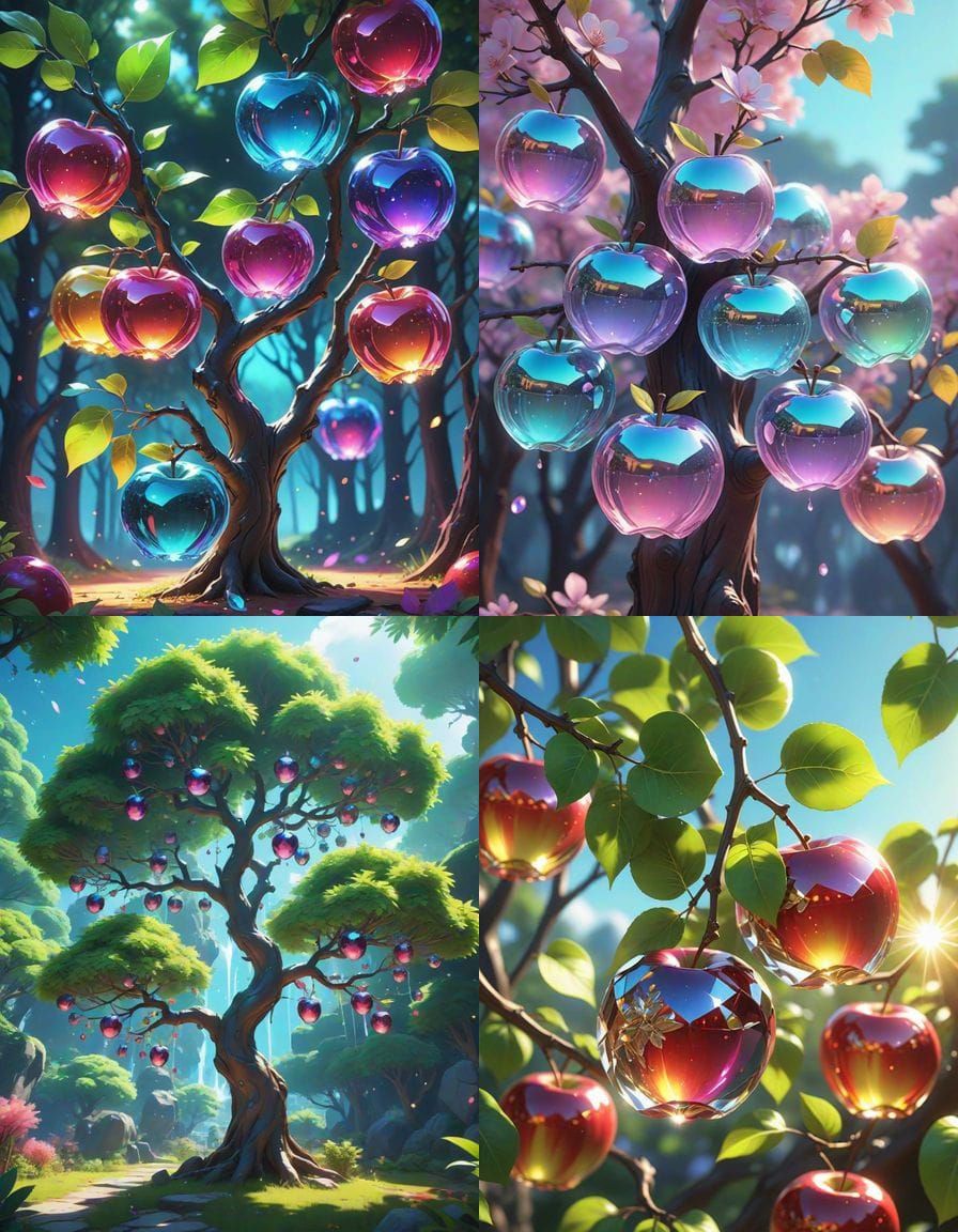 Crystal Apples Bloom on a Radiant Tree in Vibrant Iridescent...
