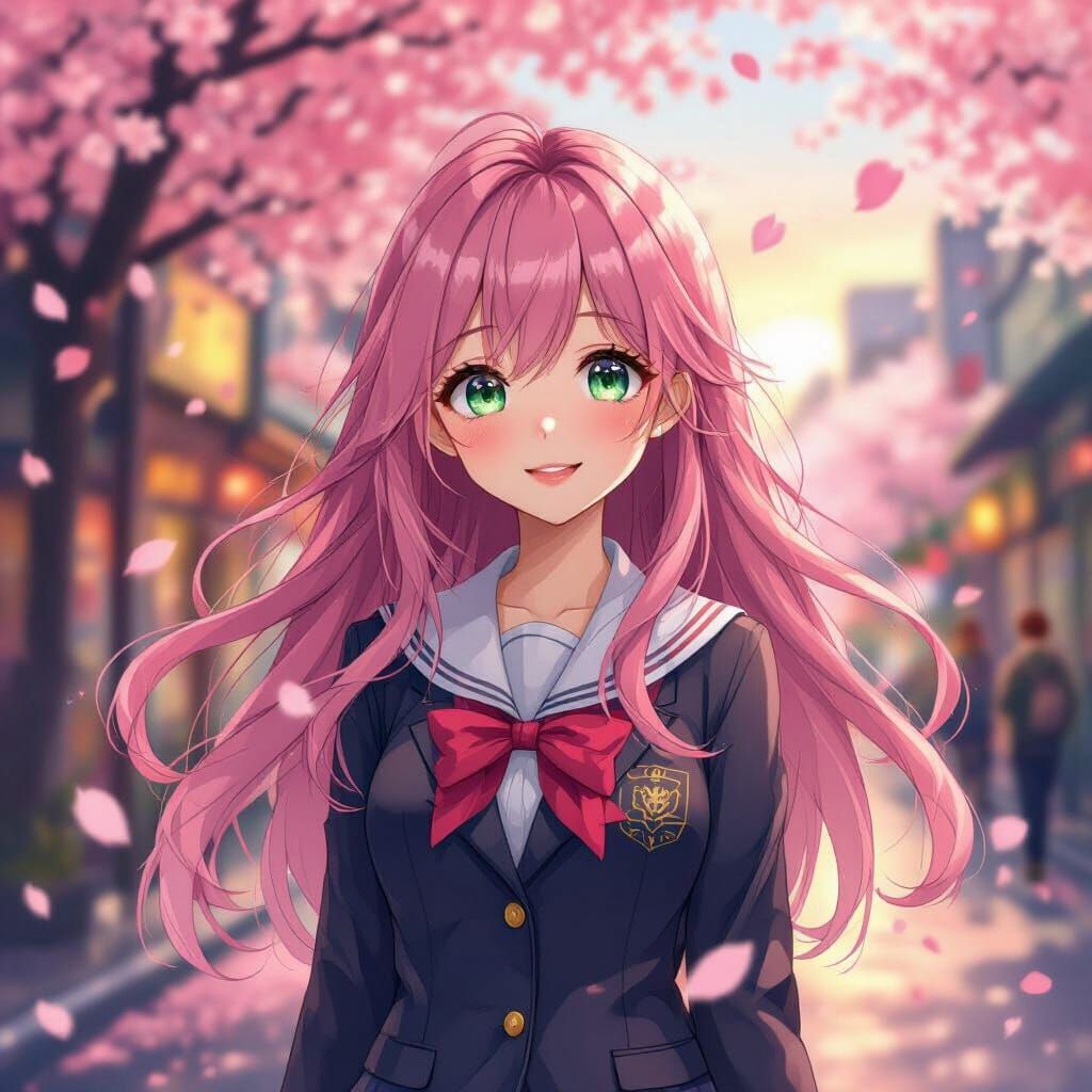Manga Girl with Pink Hair and Emerald Eyes in Tokyo