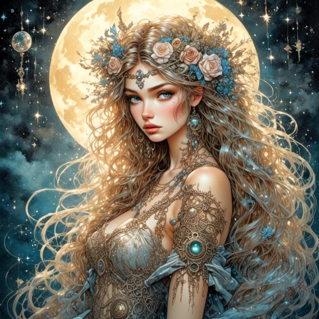 Moonlit Princess in Starlight Steampunk Dreamscape