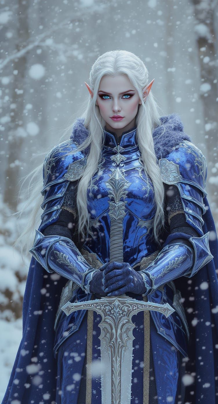High Elf Paladin in Snowy Forest, Epic Fantasy