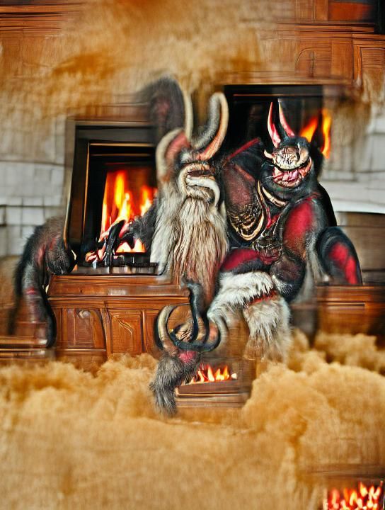 Krampus Emerging from a Fiery Hearth in a Dark and Mysteriou...