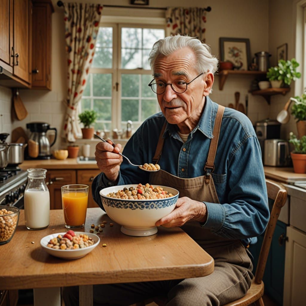 Elderly Man Enjoying Cereal: Pixar-Style Nostalgia