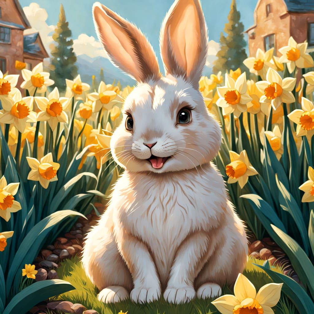 Whimsical Bunny in a Daffodil Garden