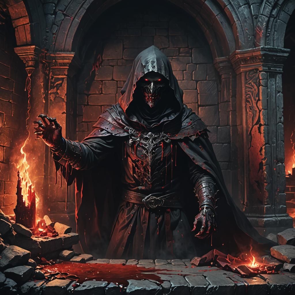 Dark Gothic Entity Drips Crimson Blood in Ancient Chamber