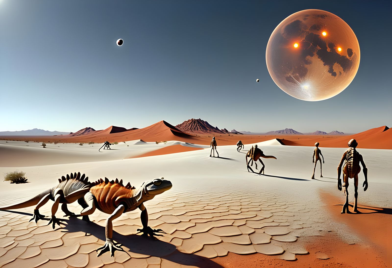 Aliens Ride Lizard Aliens Across Desert Moonlit Landscape