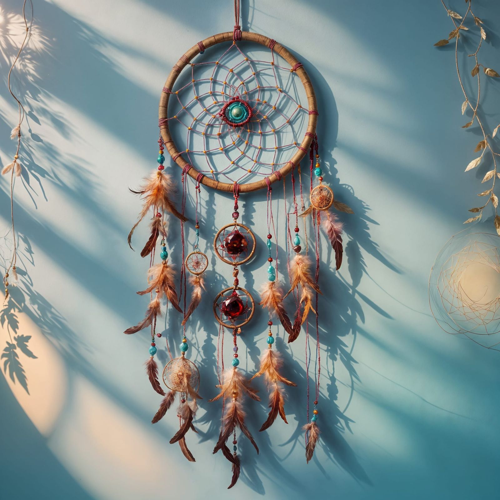 Detailed Dreamcatcher with Garnet Stone in Sunlight