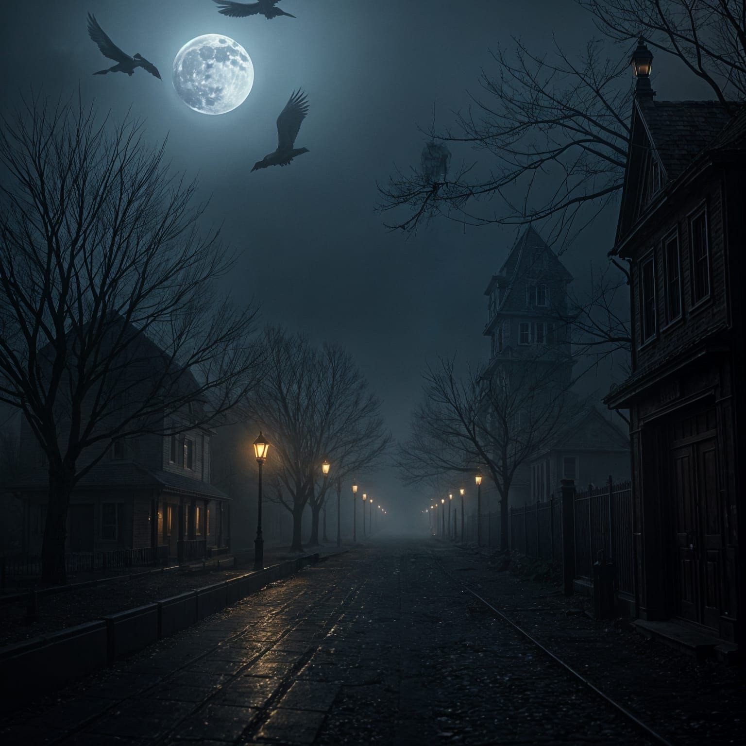 Eerie, Fog-Shrouded Street Under Full Moon