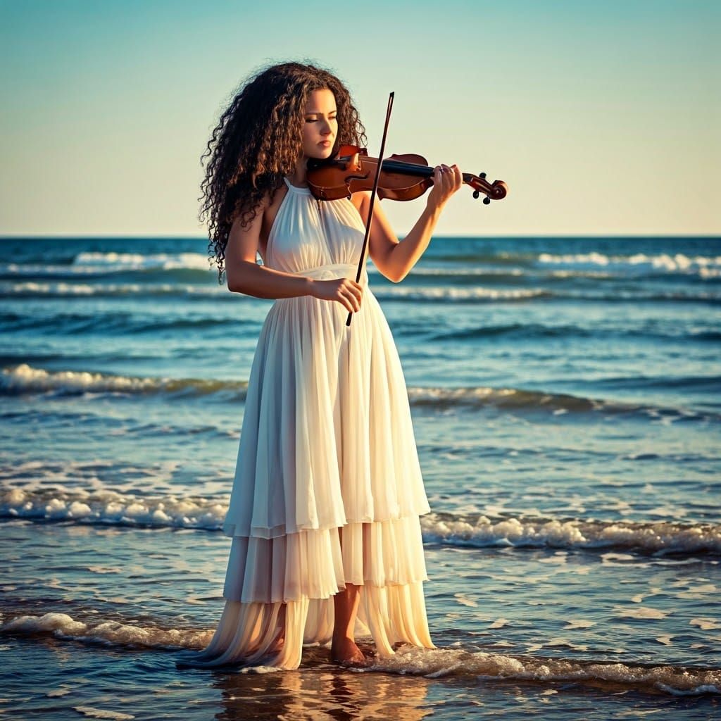 Woman in Whimsical Watercolor Beach Scene with Fiddle