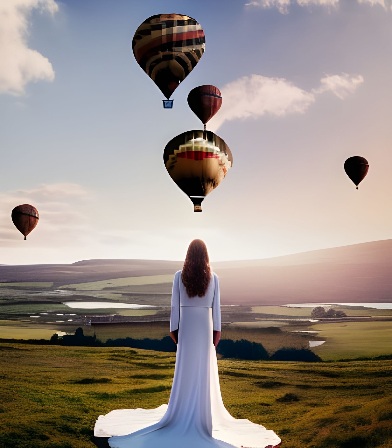 Ethereal Scottish Landscape with Castle and Hot-Air Balloons