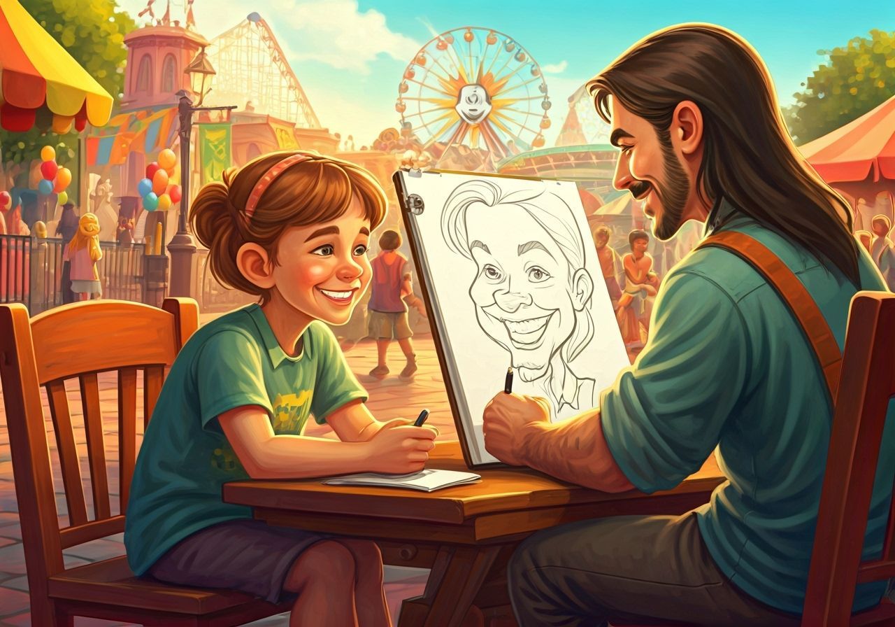 Caricature Artist Sketches Guest at Lively Theme Park