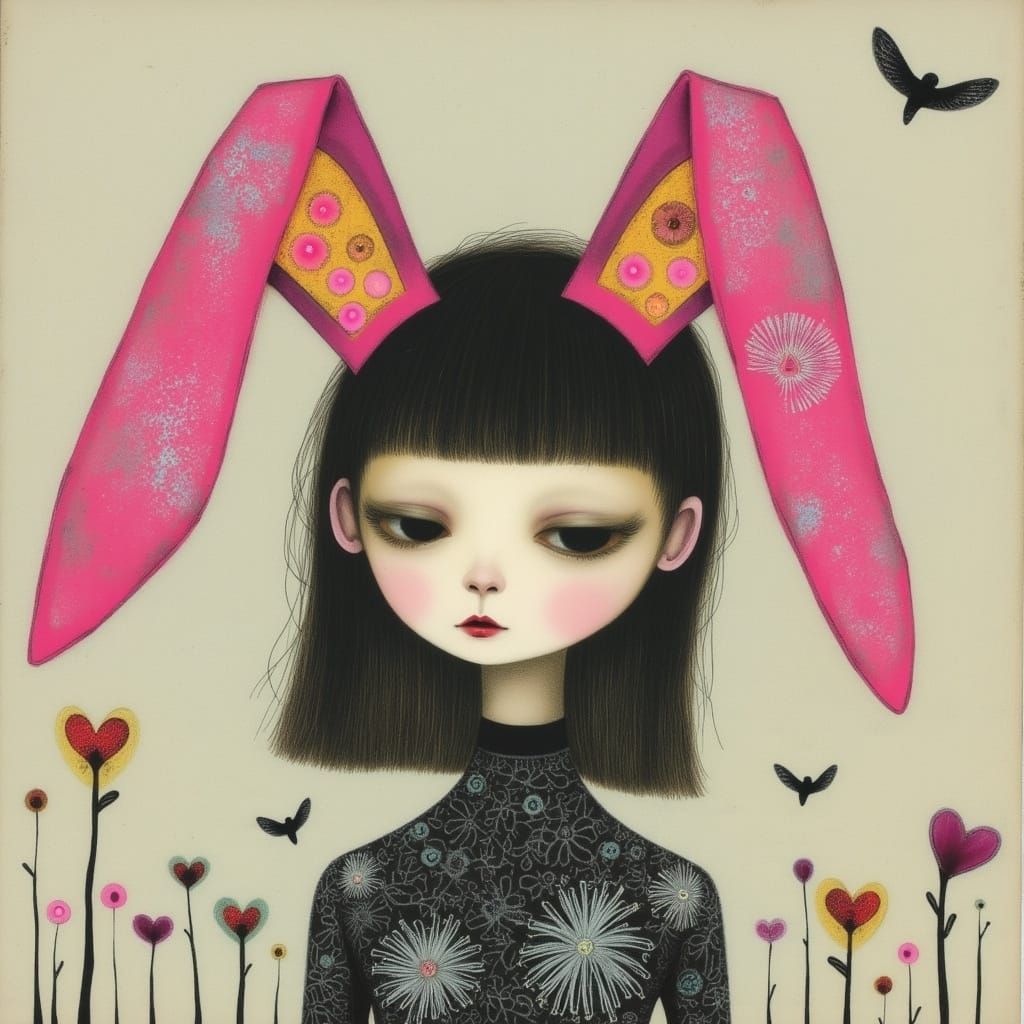 Melancholy Woman with Pink Rabbit Ears and Floral Details