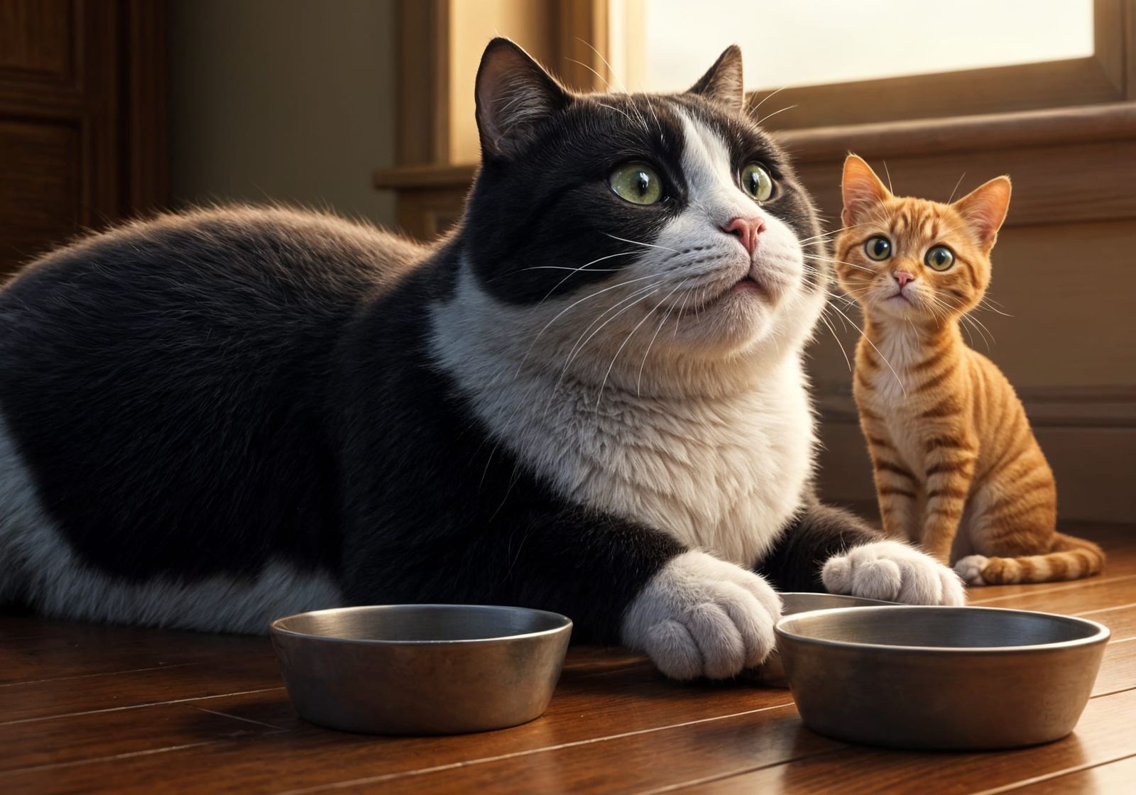 Tuxedo Cat Lounging Realistically on Hardwood Floor