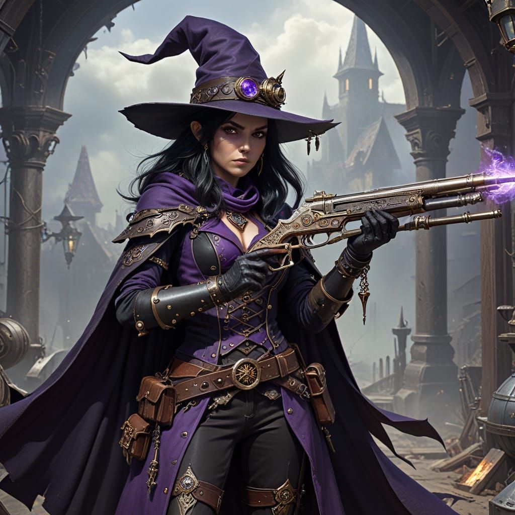 Elf Witch Hunter with Steampunk Arcane Long-Gun