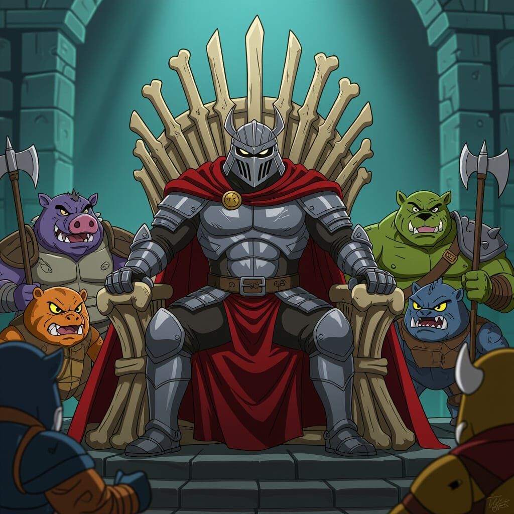 Shredder on Bone Throne with Henchmen in Comic Style