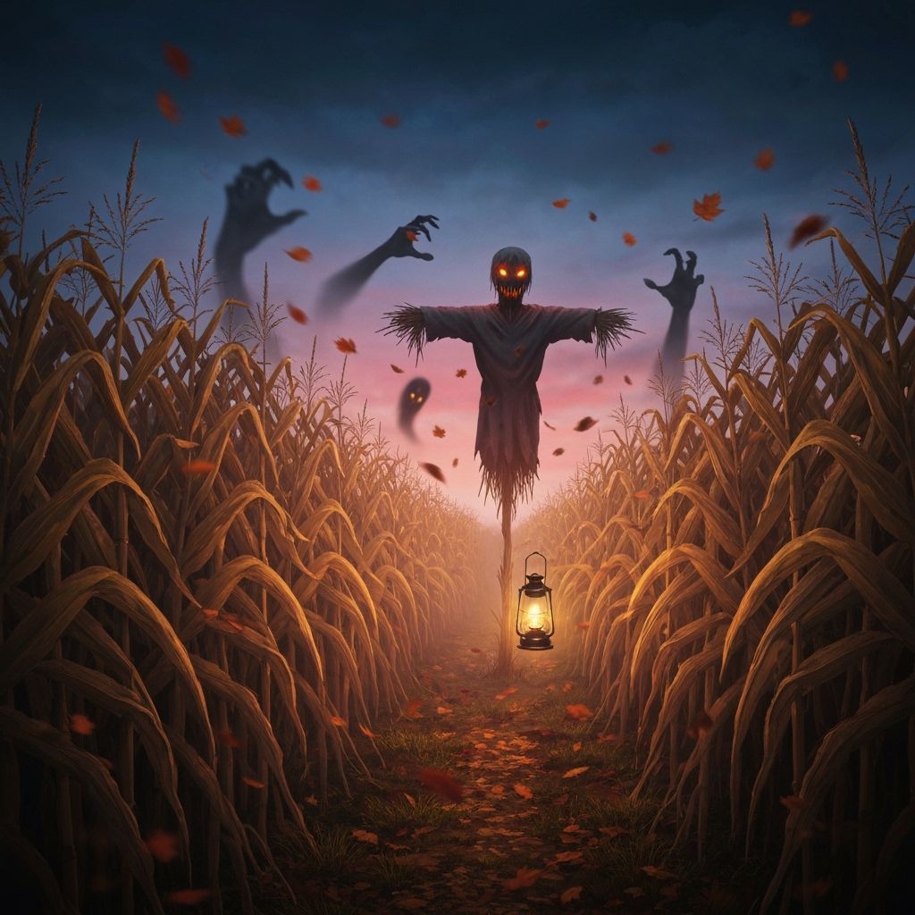 Haunted Cornfield at Dusk with Monstrous Scarecrow