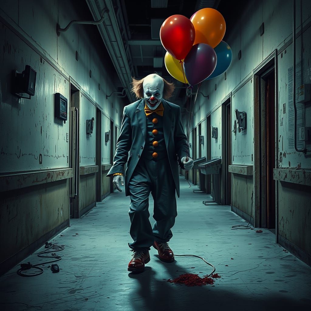 Ghostly Clown in Haunted Hospital, Darkly Detailed