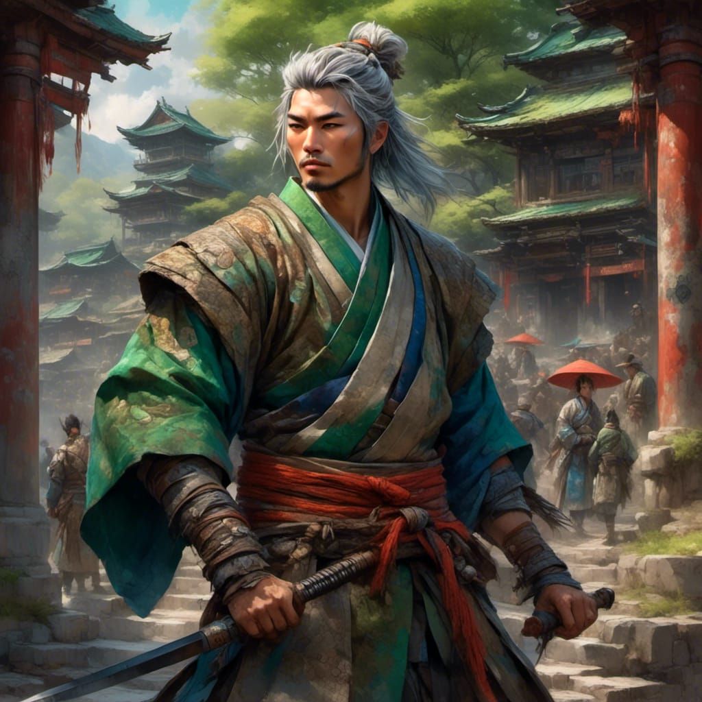 Ethereal Samurai in Traditional Japanese Attire