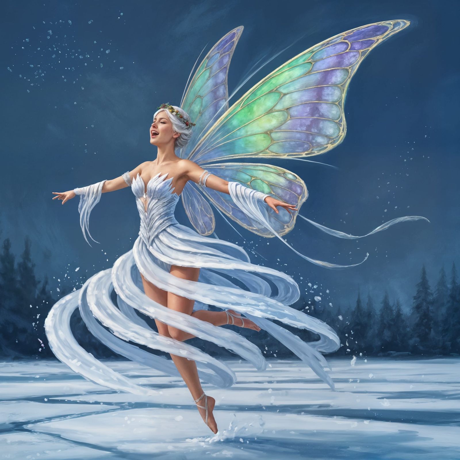 Impressionist Winter Fairy Dances Under Northern Lights