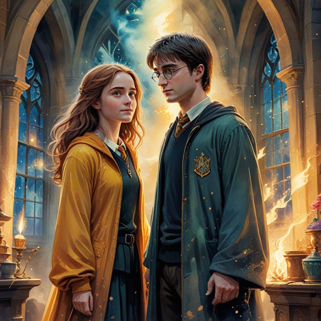 Harry Potter and Sister in Watercolor Style