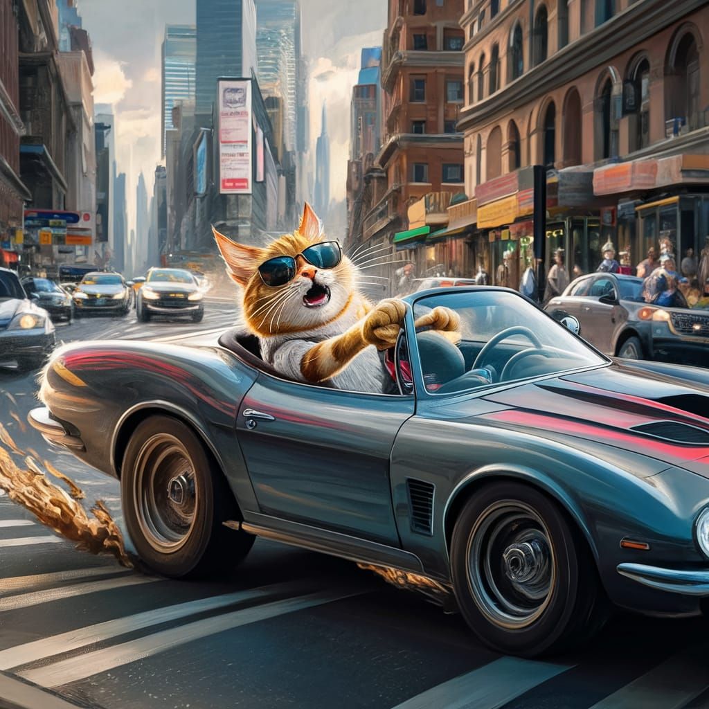 a  cat driving a convertible car at high speed in new york