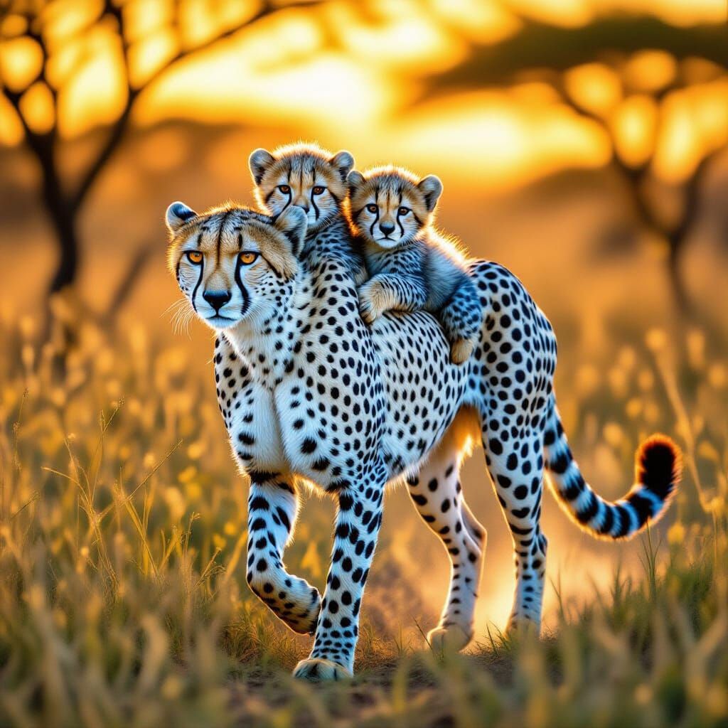 Blue Cheetah Mother and Cubs on Savanna