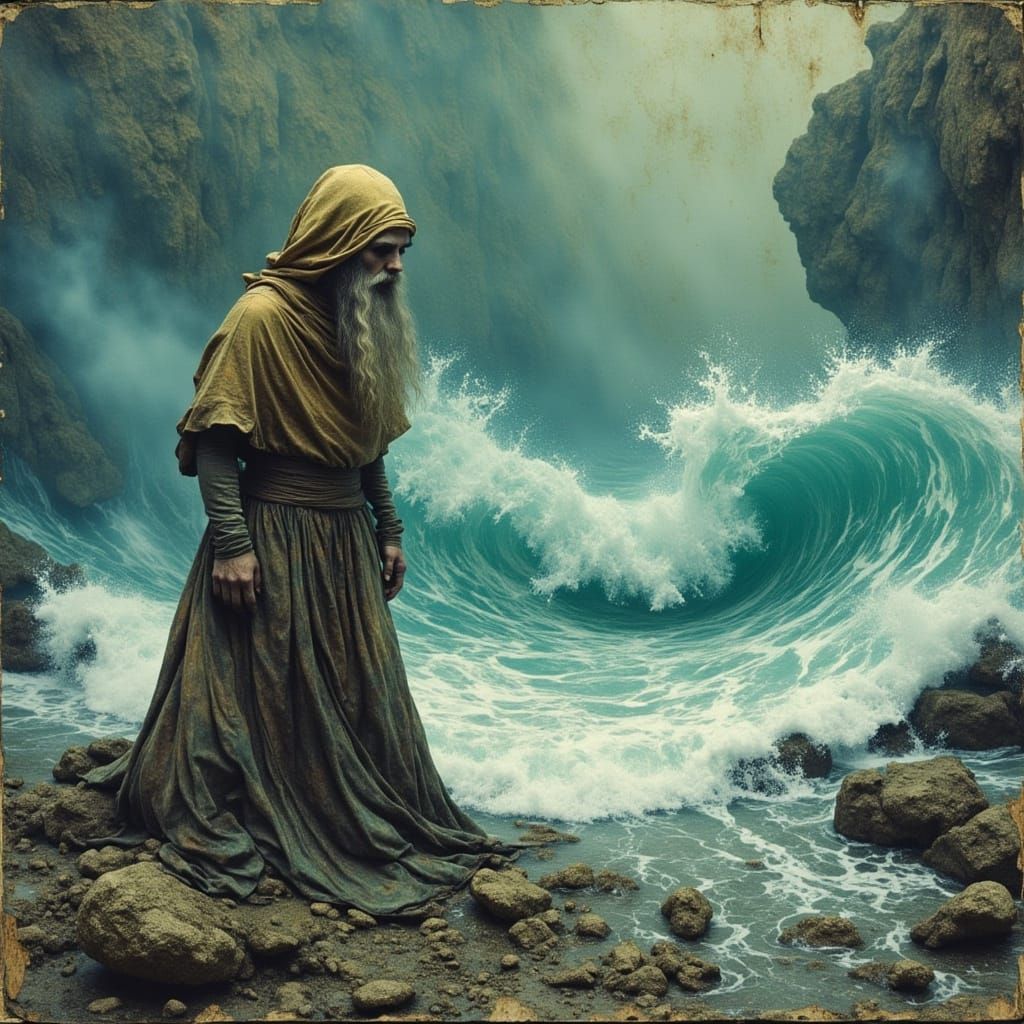 Gnome Watching Waves, in Moebius Style