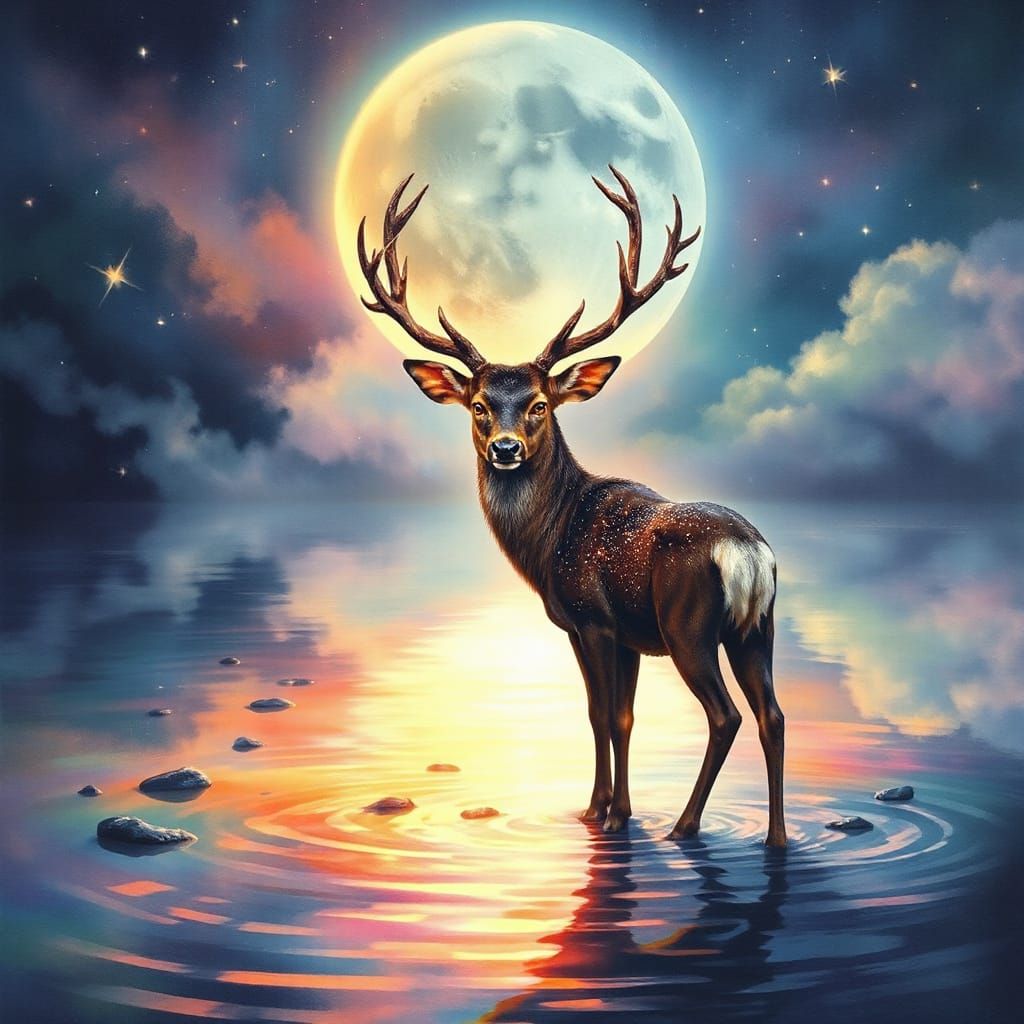 Mystical Deer in Moonlit Lake: Watercolor Illustration
