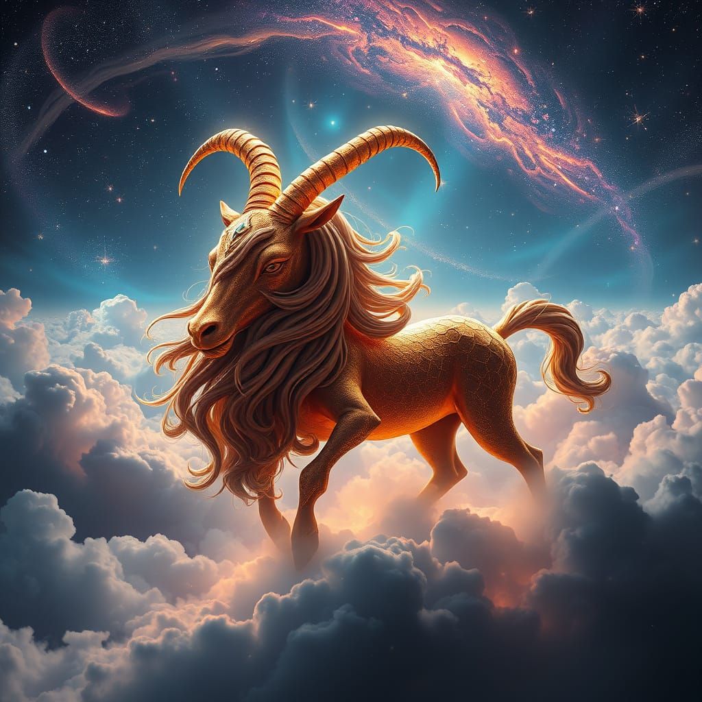 Mythical Capricorn Portrait Amidst Cosmic Galaxies